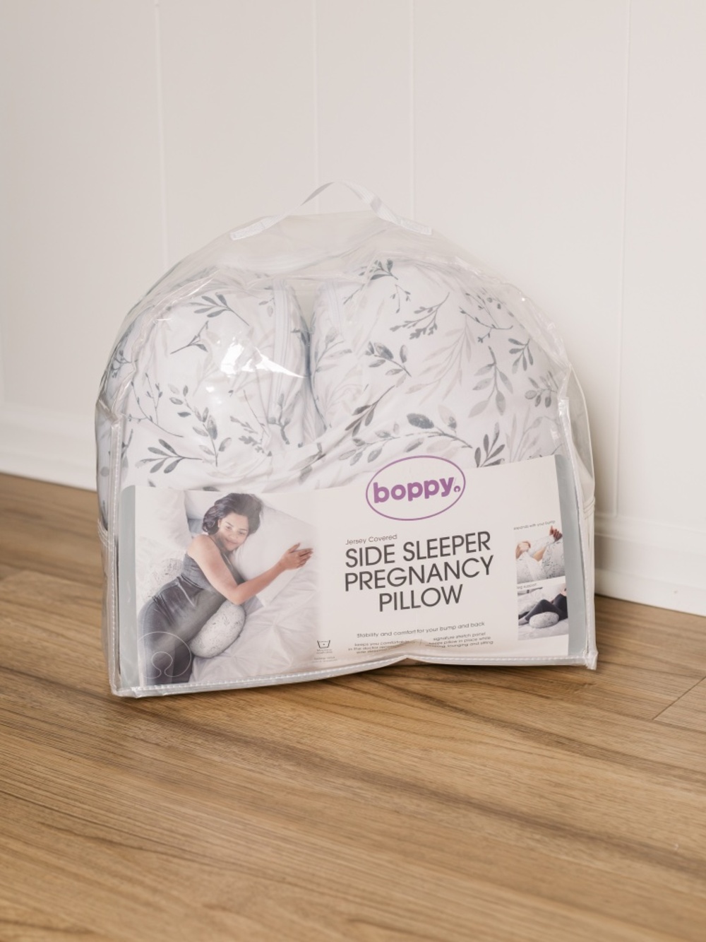 Boppy Side Sleeper Pregnancy Maternity Pillow Jersey Leaf Print Grey White